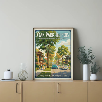 Oak Park, Illinois vintage travel poster depicting Frank Lloyd Wright homes and a tree-lined street.