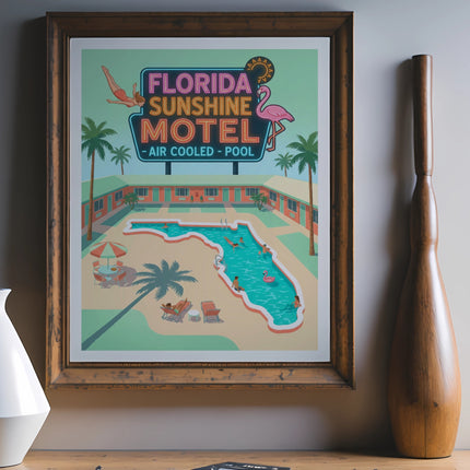 Florida Sunshine Motel art with pool, flamingo, and palm trees.