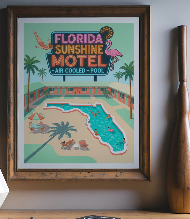 Florida Sunshine Motel art with pool, flamingo, and palm trees.