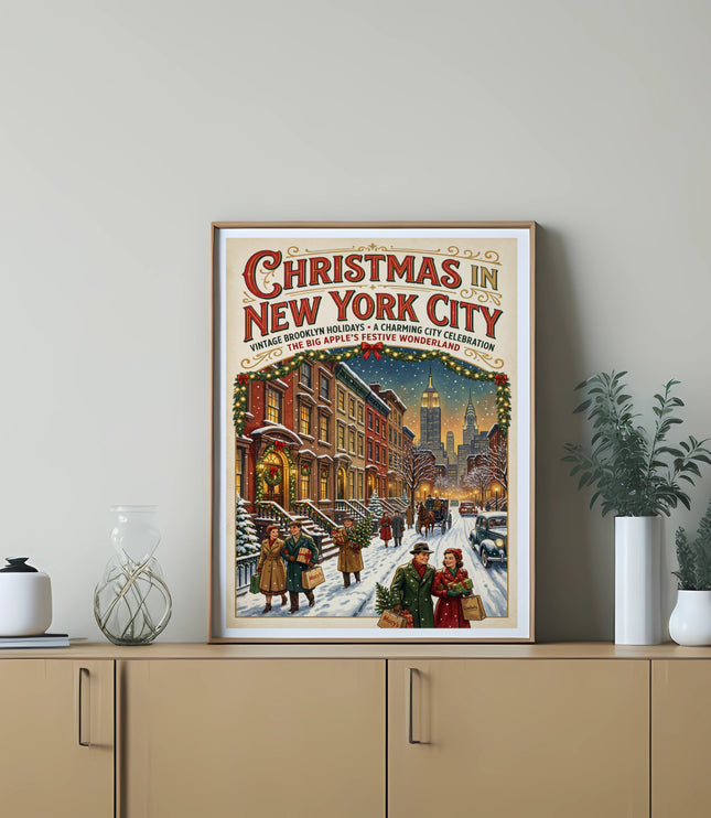 Vintage Christmas in New York City poster with people shopping and sleighs.