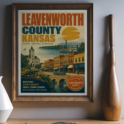 Vintage Leavenworth County, Kansas travel poster with historical buildings and a sunset over a river.