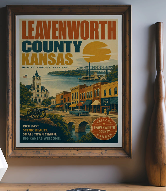 Vintage Leavenworth County, Kansas travel poster with historical buildings and a sunset over a river.