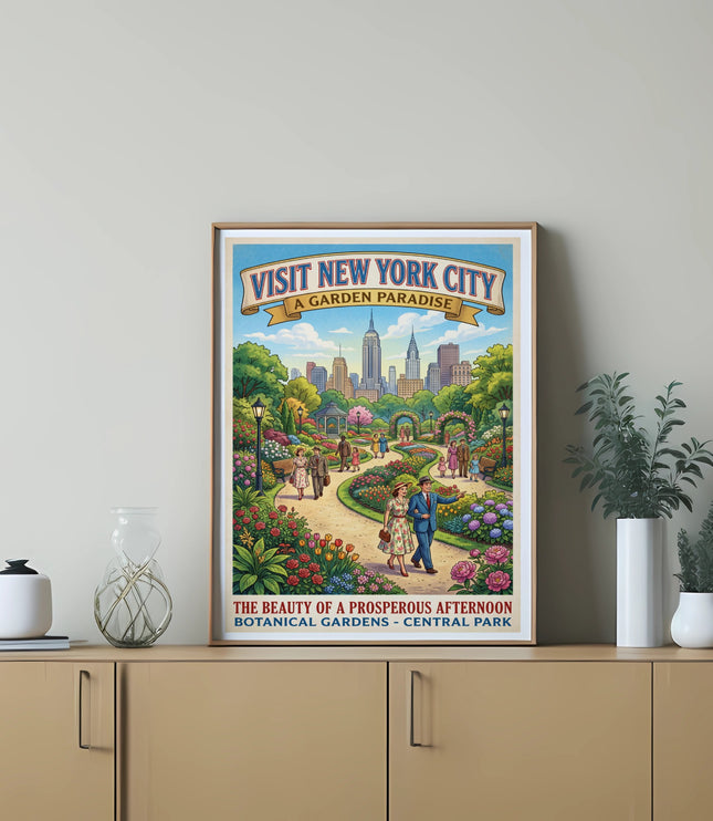 Visit New York City, a garden paradise, botanical gardens, central park vintage poster.