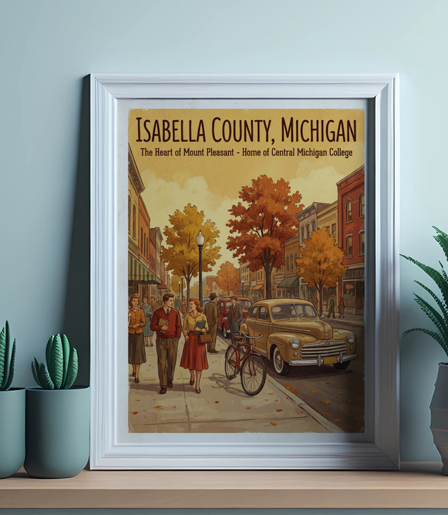 Isabella County, Michigan poster showing people and vintage car on street.