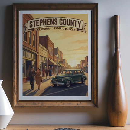 Vintage poster of Stephens County, Oklahoma, featuring historic Duncan street scene with people and a car.