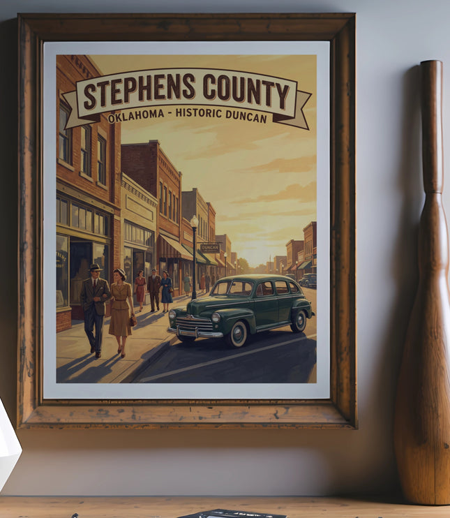 Vintage poster of Stephens County, Oklahoma, featuring historic Duncan street scene with people and a car.