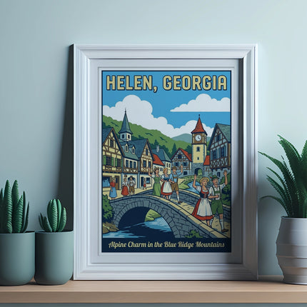 Framed artwork of Helen, Georgia, with people in lederhosen and alpine buildings.