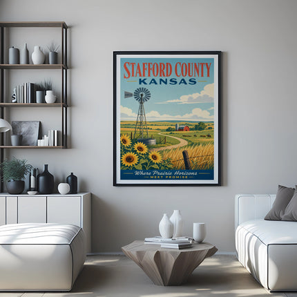 Stafford County Kansas poster with windmill, sunflowers, and barn.