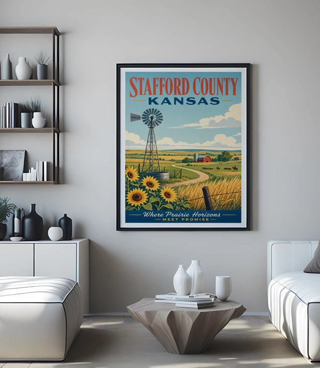 Stafford County Kansas poster with windmill, sunflowers, and barn.