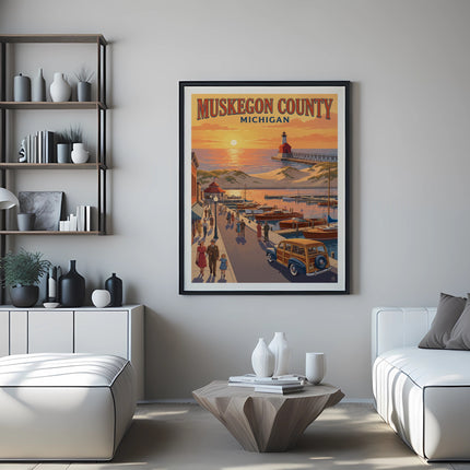 Muskegon County Michigan vintage travel poster with lighthouse and beach theme.