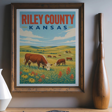 Vintage poster of Riley County, Kansas, with cows grazing in a field.