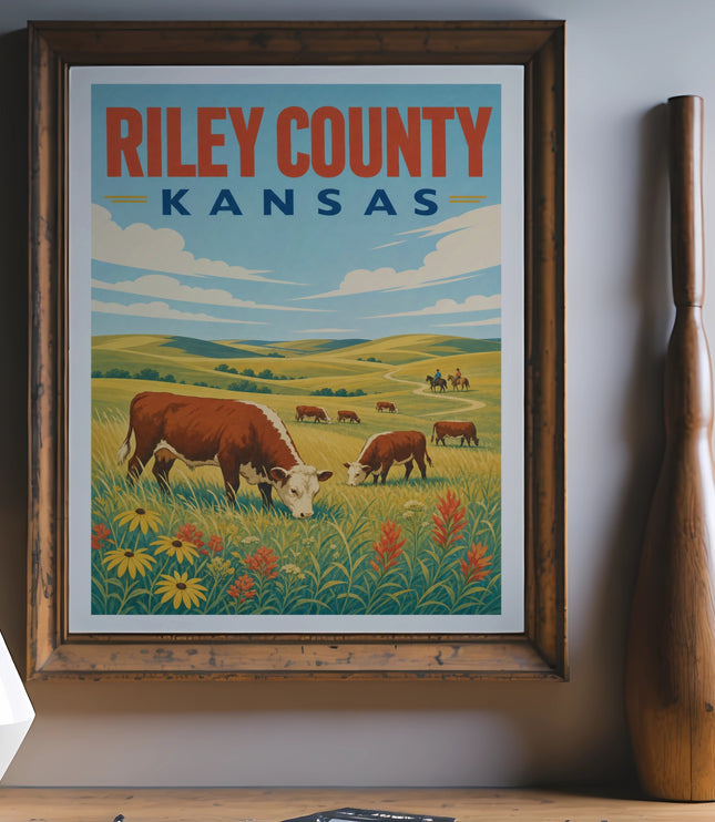 Vintage poster of Riley County, Kansas, with cows grazing in a field.