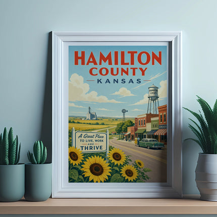 Hamilton County Kansas vintage poster with sunflowers, farm, and town scene.