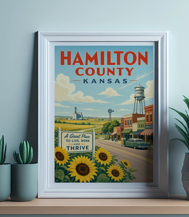 Hamilton County Kansas vintage poster with sunflowers, farm, and town scene.