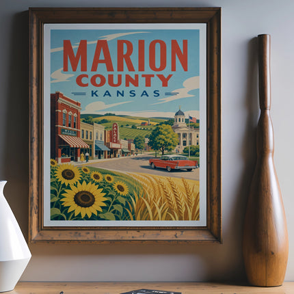 Vintage Marion County, Kansas travel poster with sunflowers and a classic car.