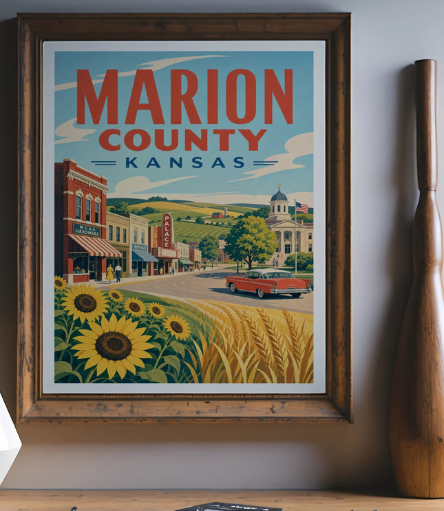Vintage Marion County, Kansas travel poster with sunflowers and a classic car.