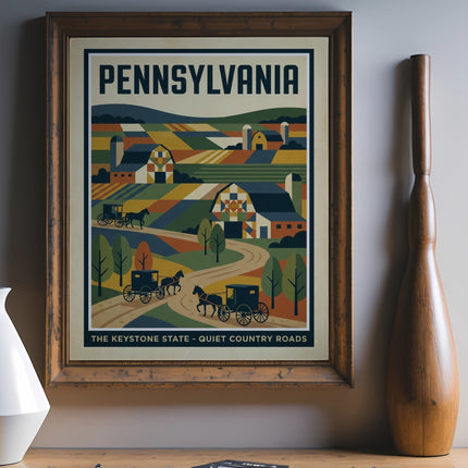 Pennsylvania Keystone State quiet country roads vintage travel poster.