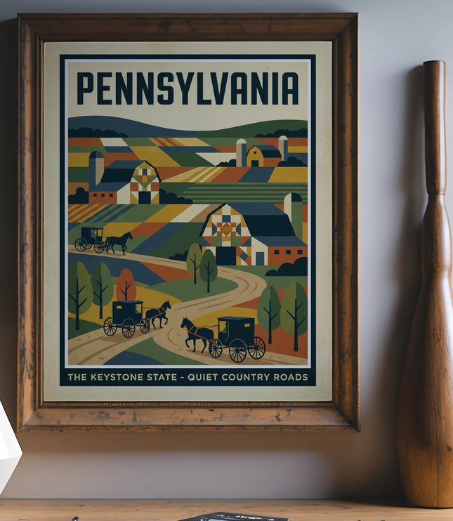 Pennsylvania Keystone State quiet country roads vintage travel poster.