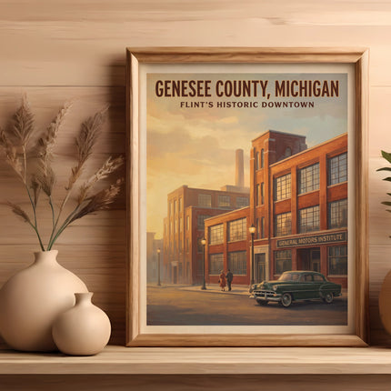 Poster for Genesee County, Michigan, featuring Flint's historic downtown and General Motors Institute.
