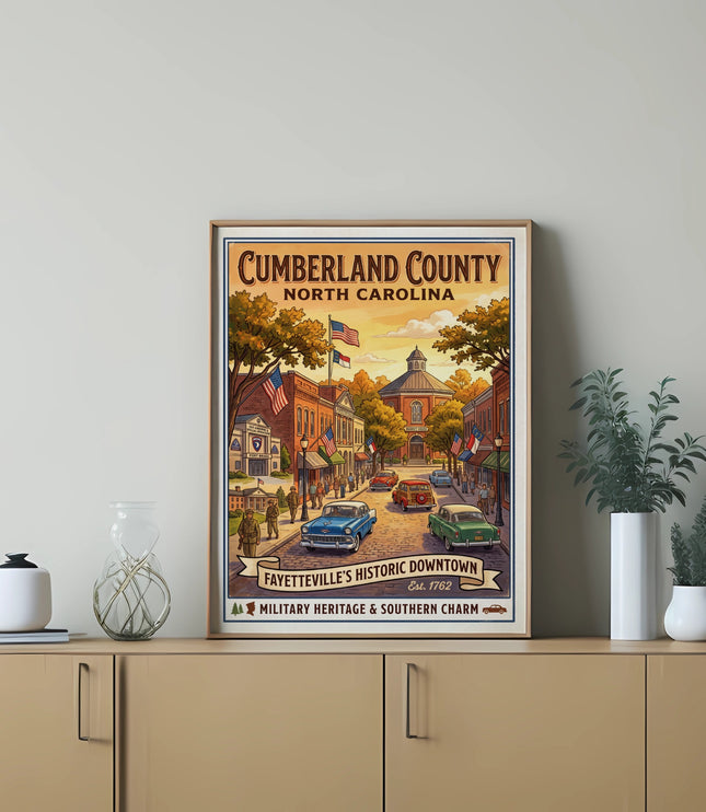 Cumberland County North Carolina poster depicting Fayetteville's historic downtown.