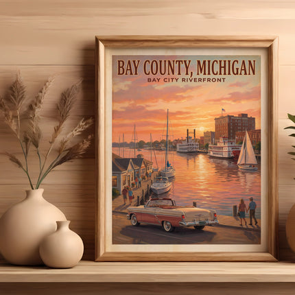 Bay County, Michigan, Bay City Riverfront vintage travel poster with boats and a car.
