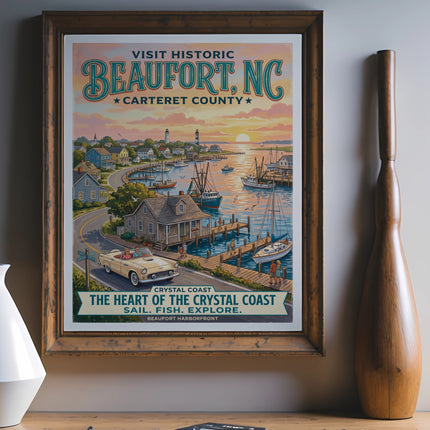 Vintage poster for Beaufort, NC, featuring harborside, lighthouse, and text.