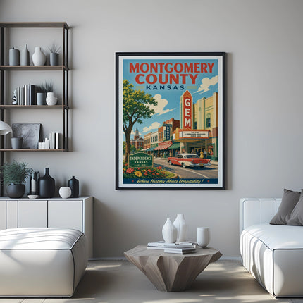 Vintage Montgomery County, Kansas GEM theater poster with red car and buildings.