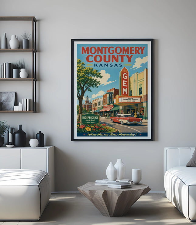 Vintage Montgomery County, Kansas GEM theater poster with red car and buildings.