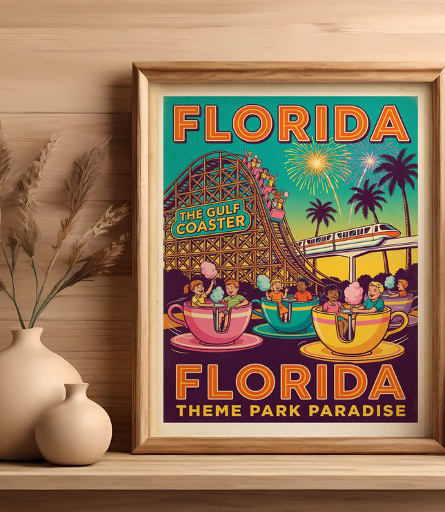 Vintage Florida Gulf Coaster amusement park poster with teacups and fireworks.