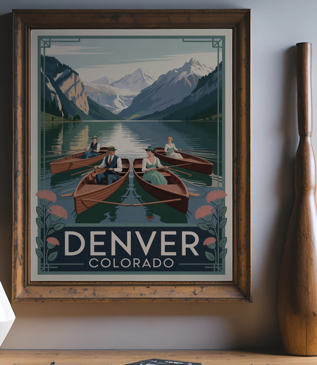 Vintage Denver travel poster with boats on a lake and mountains.
