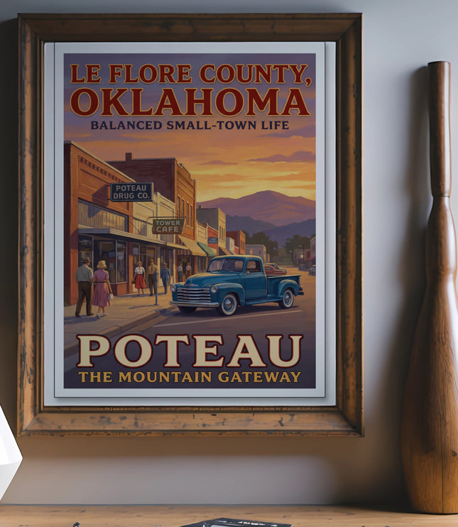 Le Flore County, Oklahoma poster with Poteau Drug Co., Tower Cafe, and blue truck.