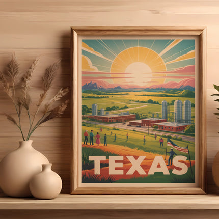 Framed Texas landscape poster with sun, buildings, and people.