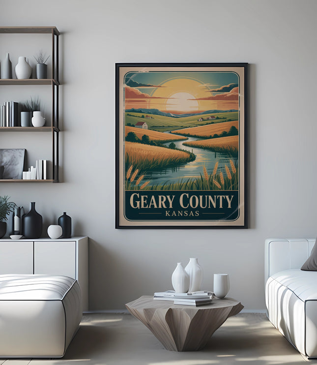 Vintage poster for Geary County, Kansas, featuring a pastoral landscape with fields and a river at sunset.