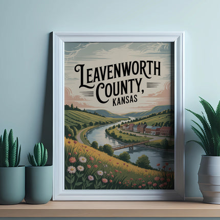 Leavenworth County, Kansas framed print with landscape scene.