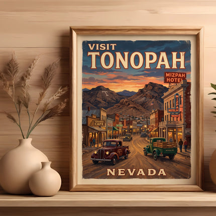 Vintage poster of Tonopah, Nevada with Mizpah Hotel, shops, and trucks.