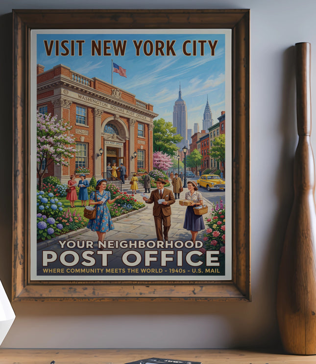 Vintage New York City poster showing Washington Square Post Office and two people.