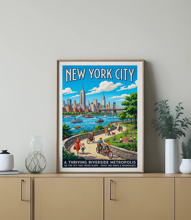 New York City skyline with a river, park, and people enjoying activities on a poster.