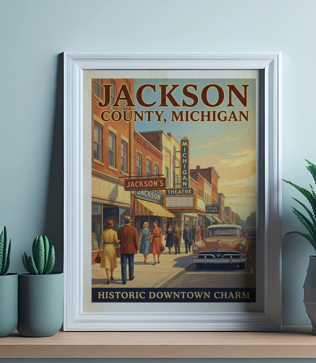 Poster: Jackson County, Michigan, Historic Downtown Charm, with people and vintage car.