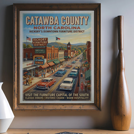 Vintage travel poster of Hickory, North Carolina's downtown furniture district.