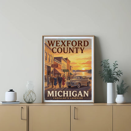 Wexford County, Michigan vintage travel poster showing Cadillac's Lakeside scene.