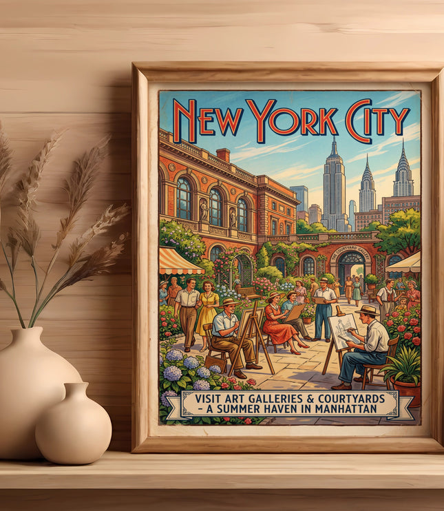 New York City art gallery poster featuring artists sketching in courtyards.