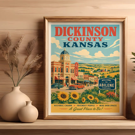Vintage travel poster for Dickinson County, Kansas, featuring Abilene.