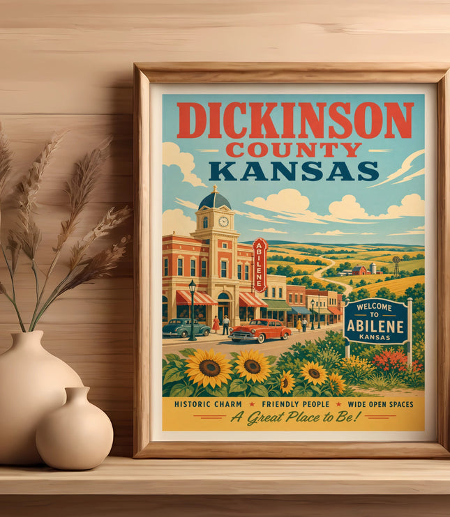 Vintage travel poster for Dickinson County, Kansas, featuring Abilene.