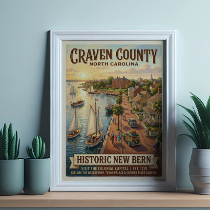 Craven County, North Carolina vintage travel poster of Historic New Bern waterfront.