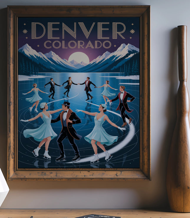 Vintage Denver Colorado ice skating scene with mountains and a woman in a white dress.