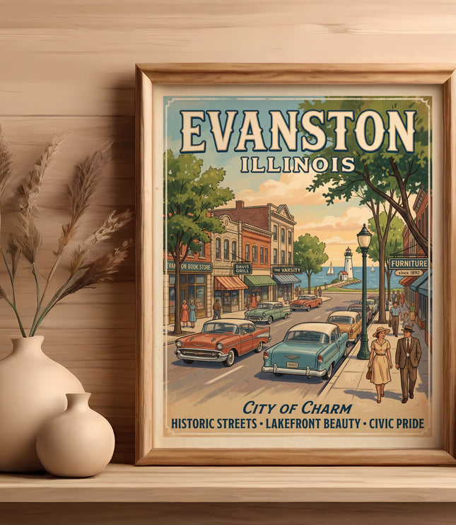 Framed poster of Evanston, Illinois with vintage cars and buildings.