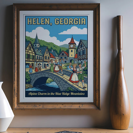 Vintage travel poster for Helen, Georgia, depicting an Alpine village scene.