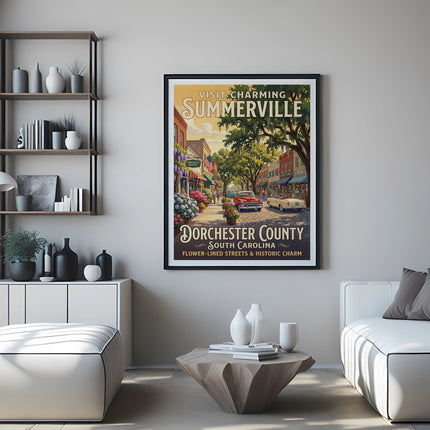 "Visit Summerville Dorchester County South Carolina" framed poster hangs on the wall.