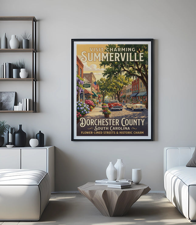 "Visit Summerville Dorchester County South Carolina" framed poster hangs on the wall.