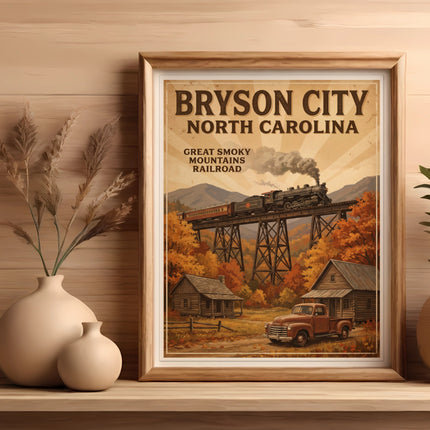 Print with text "Bryson City North Carolina Great Smoky Mountains Railroad" and vintage train scene.